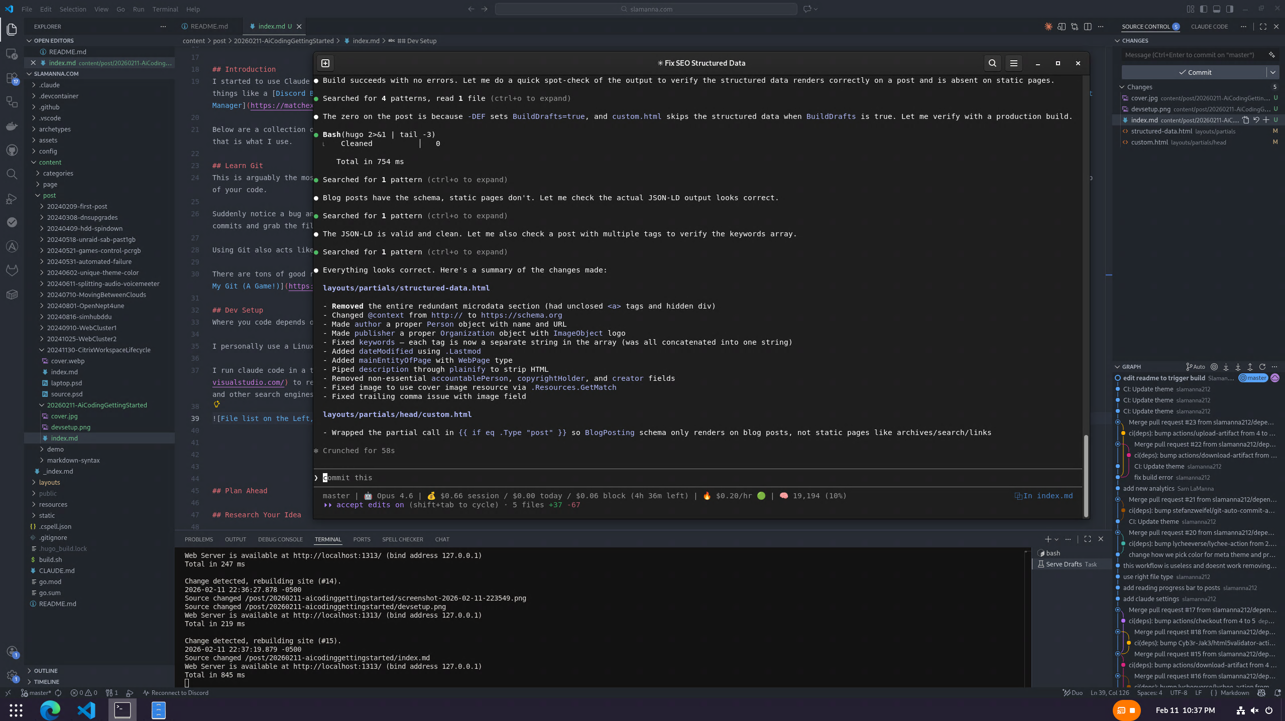 File list on the Left, Git on the Right, Hugo Blog running in Dev Mode at Bottom, Claude in a terminal window