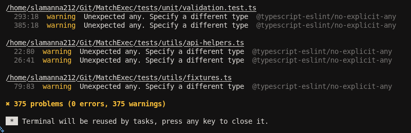 Linting for my project MatchExec, no red errors, but lots of yellow warnings to fix
