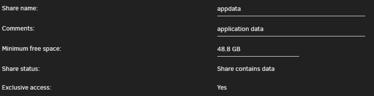 Appdata Share Settings showing Exclusive access is on